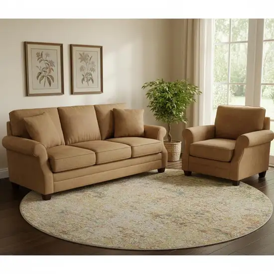 8' Gold And Beige Abstract Washable Round Rug With UV Protection Photo 2