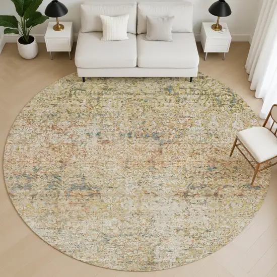 8' Gold And Beige Abstract Washable Round Rug With UV Protection Photo 5