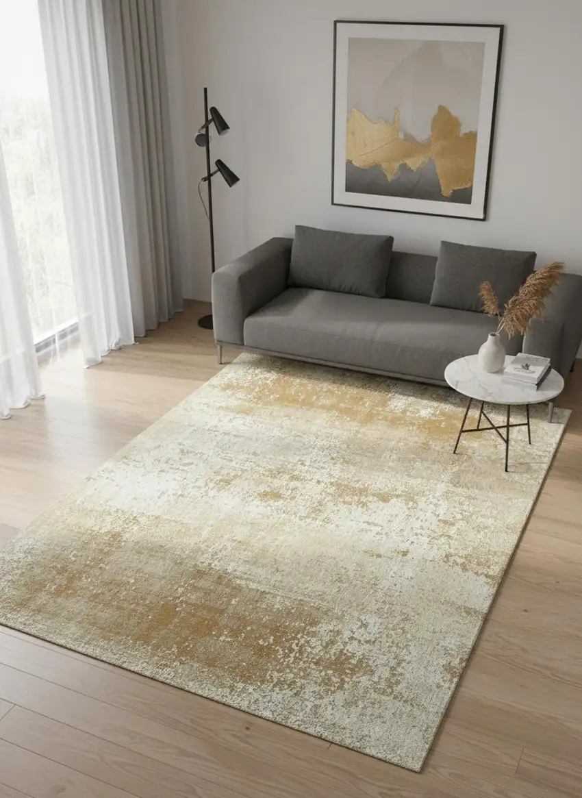 8' Gold And Beige Abstract Washable Round Rug With UV Protection Photo 1