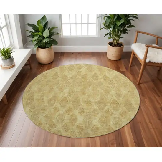 8' Gold And Beige Diamond Washable Round Rug With UV Protection Photo 2