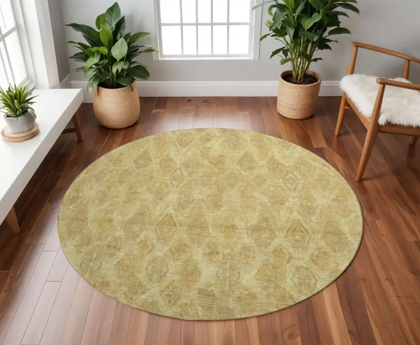 8' Gold And Beige Diamond Washable Round Rug With UV Protection Photo 2