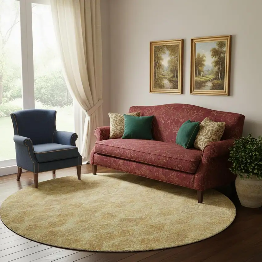 8' Gold And Beige Diamond Washable Round Rug With UV Protection Photo 1