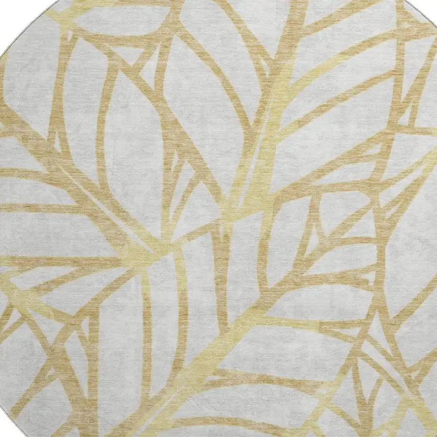 8' Gold And Beige Floral Washable Round Rug With UV Protection Photo 3