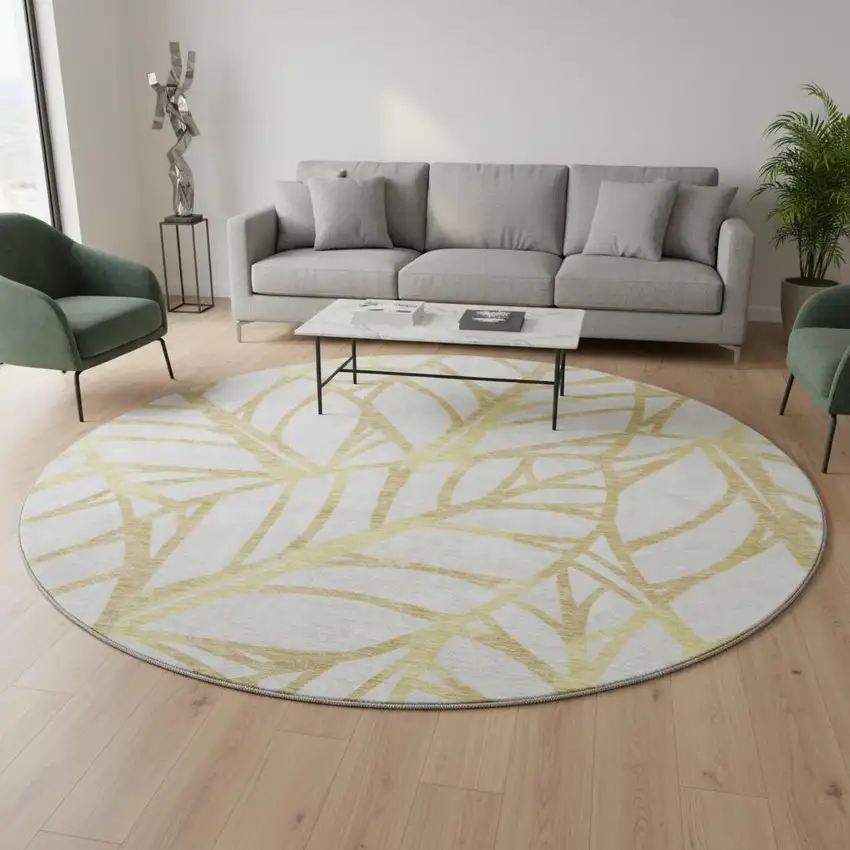 8' Gold And Beige Floral Washable Round Rug With UV Protection Photo 2