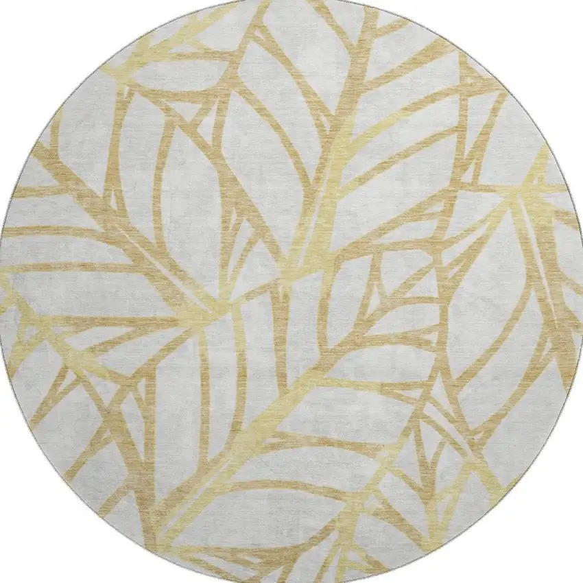 8' Gold And Beige Floral Washable Round Rug With UV Protection Photo 4