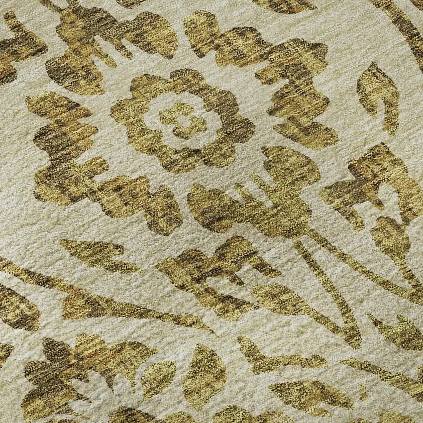 8' Gold And Beige Floral Washable Round Rug With UV Protection Photo 9