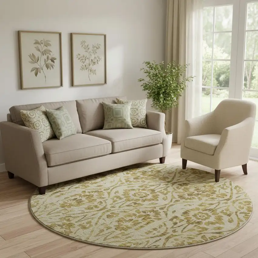 8' Gold And Beige Floral Washable Round Rug With UV Protection Photo 1