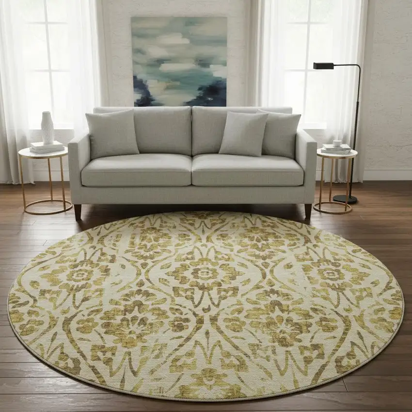 8' Gold And Beige Floral Washable Round Rug With UV Protection Photo 2