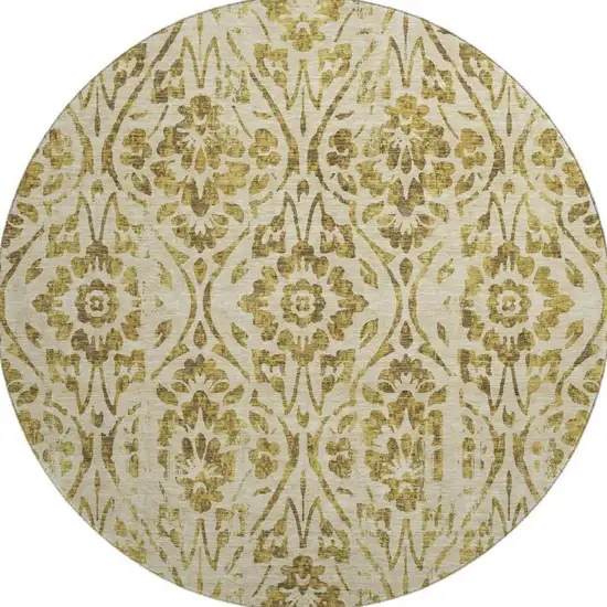 8' Gold And Beige Floral Washable Round Rug With UV Protection Photo 4