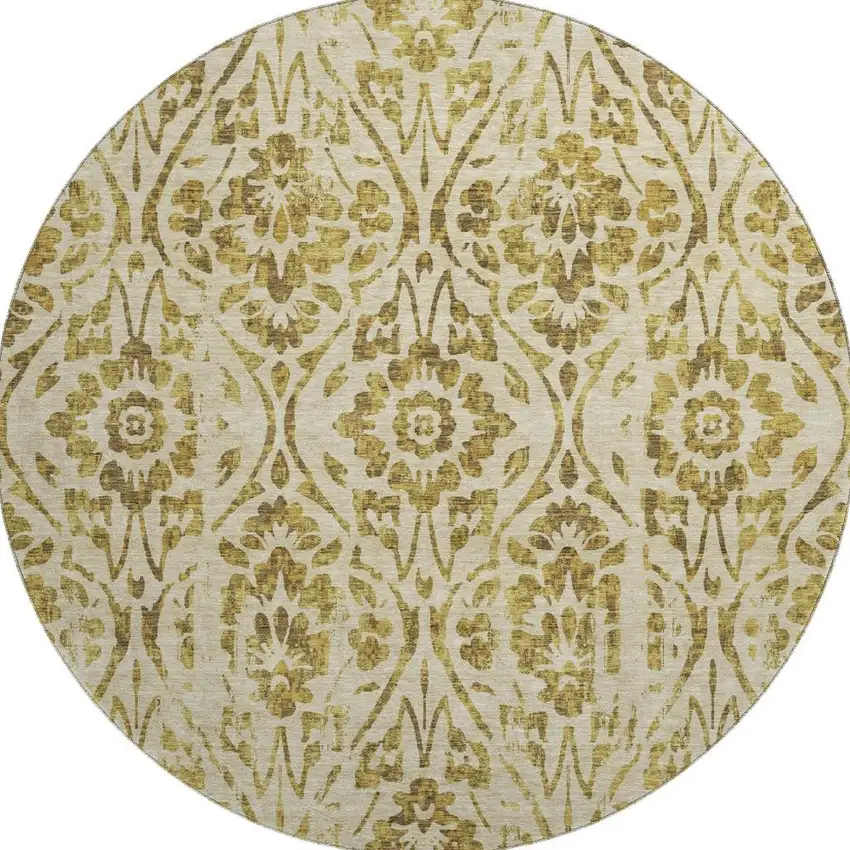 8' Gold And Beige Floral Washable Round Rug With UV Protection Photo 4