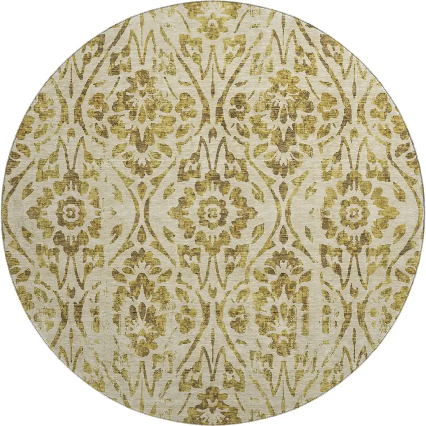 8' Gold And Beige Floral Washable Round Rug With UV Protection Photo 1