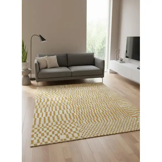 8' Gold And Beige Geometric Berber Washable Round Rug With UV Protection Photo 1