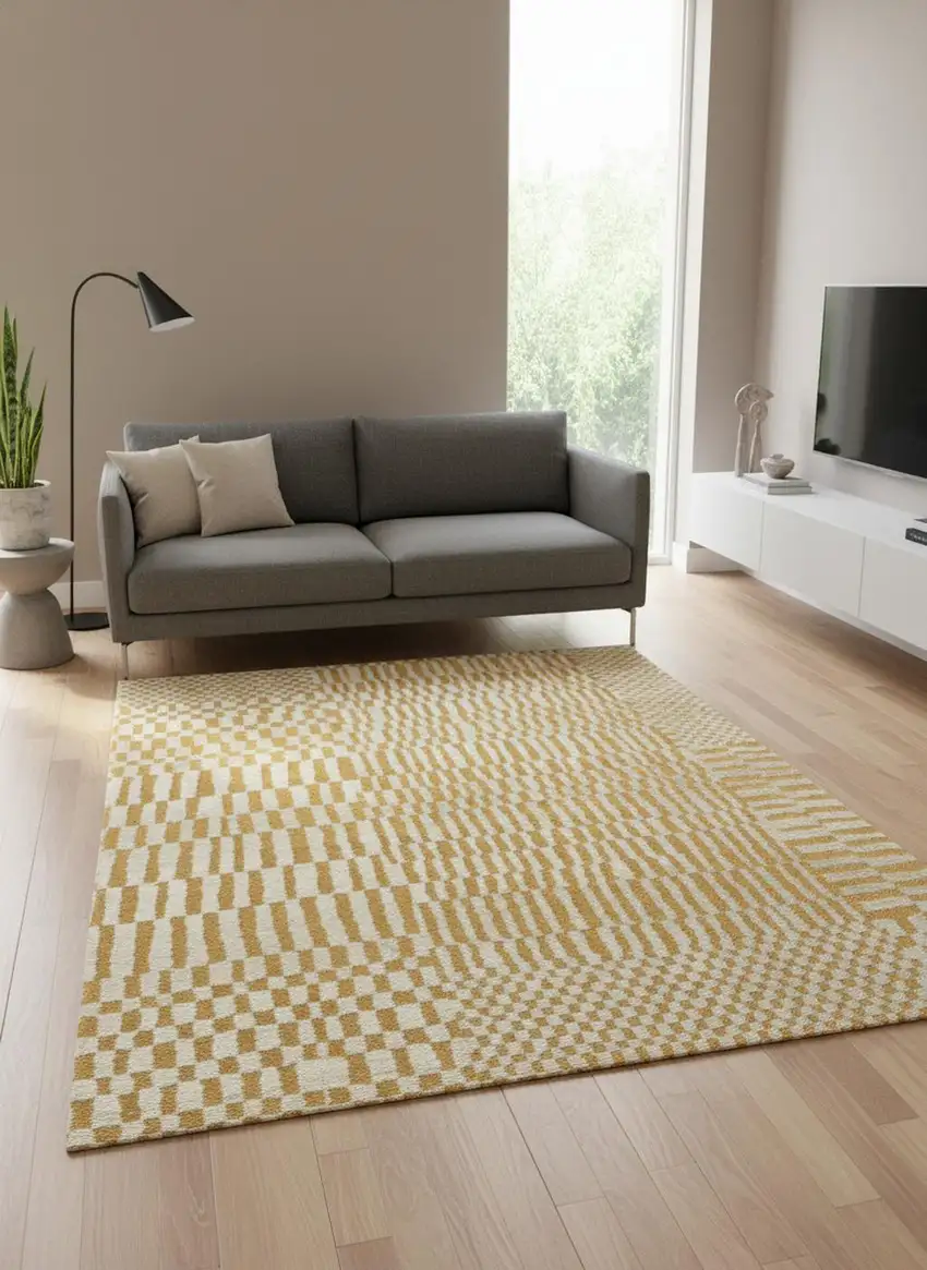 8' Gold And Beige Geometric Berber Washable Round Rug With UV Protection Photo 1