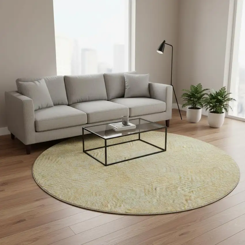 8' Gold And Beige Geometric Washable Round Rug With UV Protection Photo 2