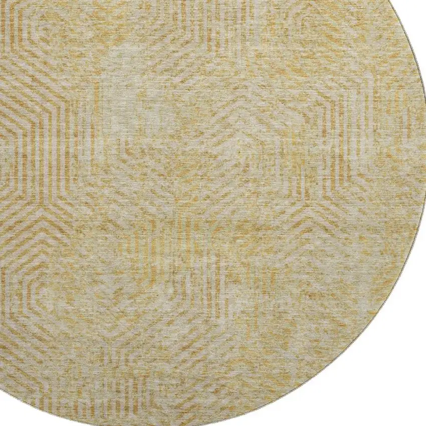 8' Gold And Beige Geometric Washable Round Rug With UV Protection Photo 3