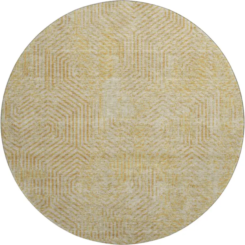 8' Gold And Beige Geometric Washable Round Rug With UV Protection Photo 1
