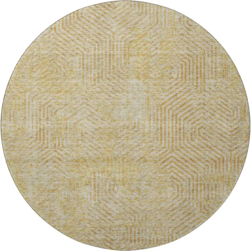 8' Gold And Beige Geometric Washable Round Rug With UV Protection Photo 4