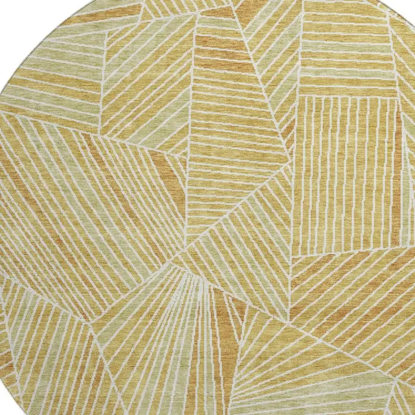8' Gold And Beige Geometric Washable Round Rug With UV Protection Photo 3