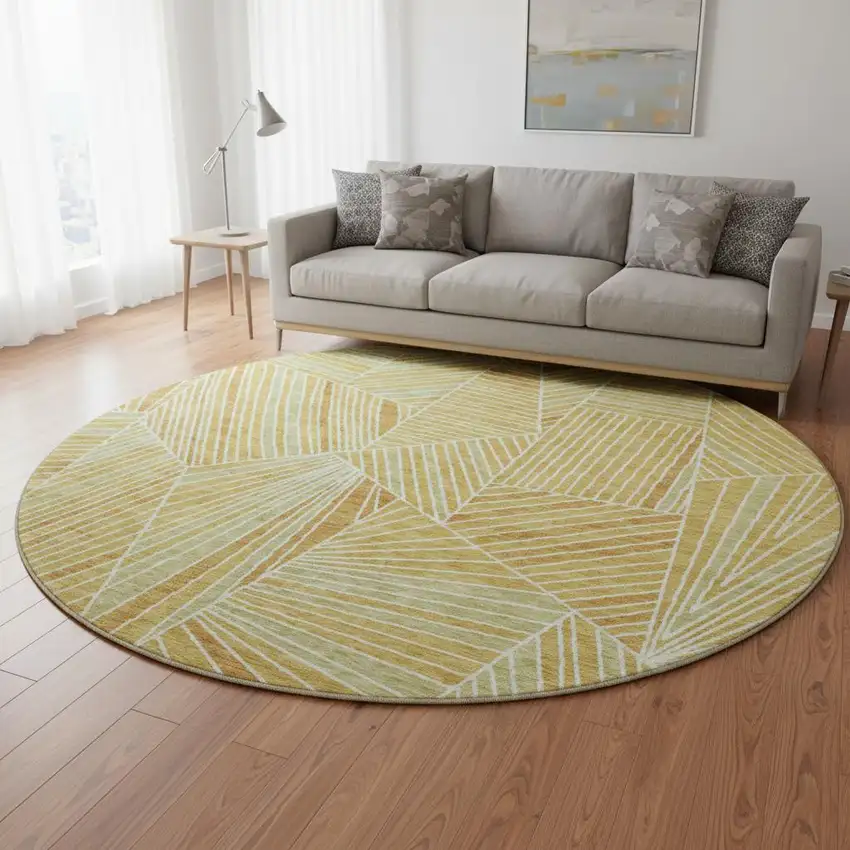 8' Gold And Beige Geometric Washable Round Rug With UV Protection Photo 2