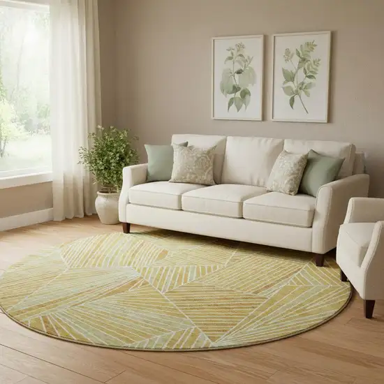 8' Gold And Beige Geometric Washable Round Rug With UV Protection Photo 1
