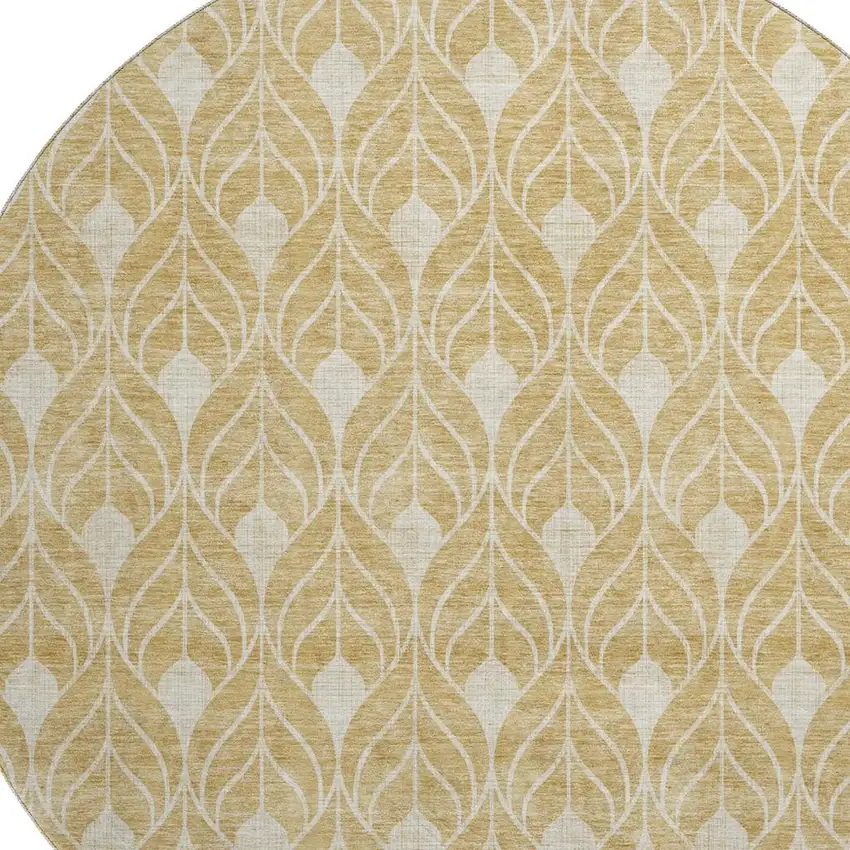 8' Gold And Beige Geometric Washable Round Rug With UV Protection Photo 2