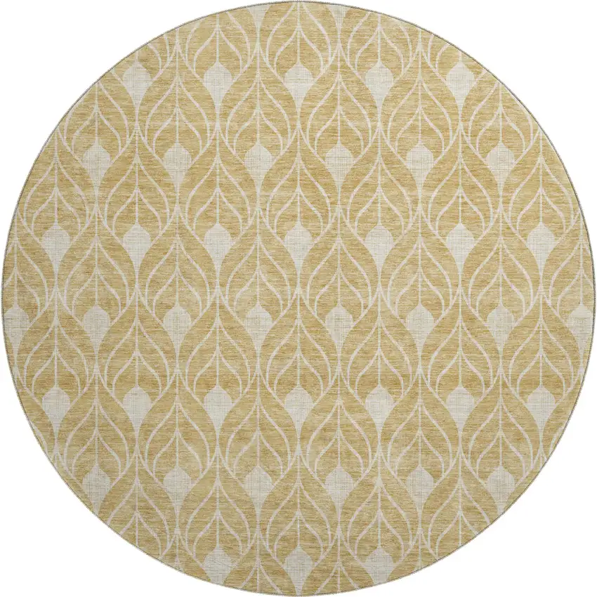 8' Gold And Beige Geometric Washable Round Rug With UV Protection Photo 1
