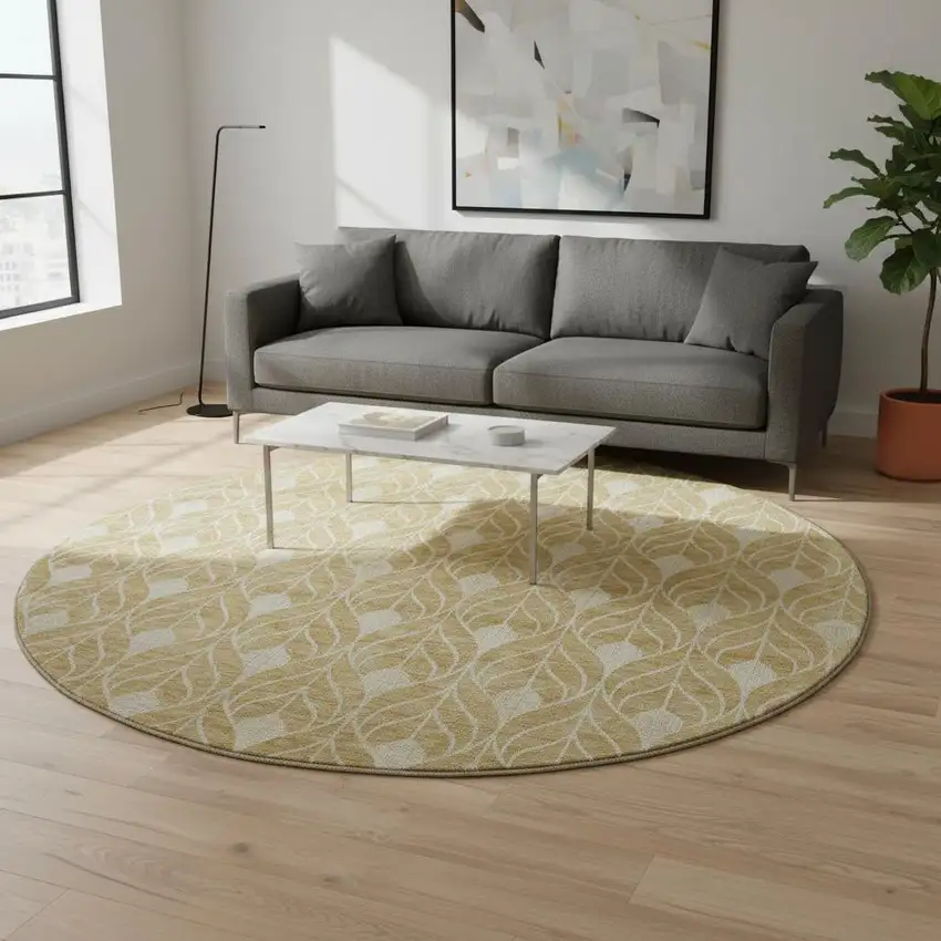 8' Gold And Beige Geometric Washable Round Rug With UV Protection Photo 2