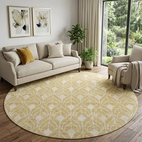 8' Gold And Beige Geometric Washable Round Rug With UV Protection Photo 1