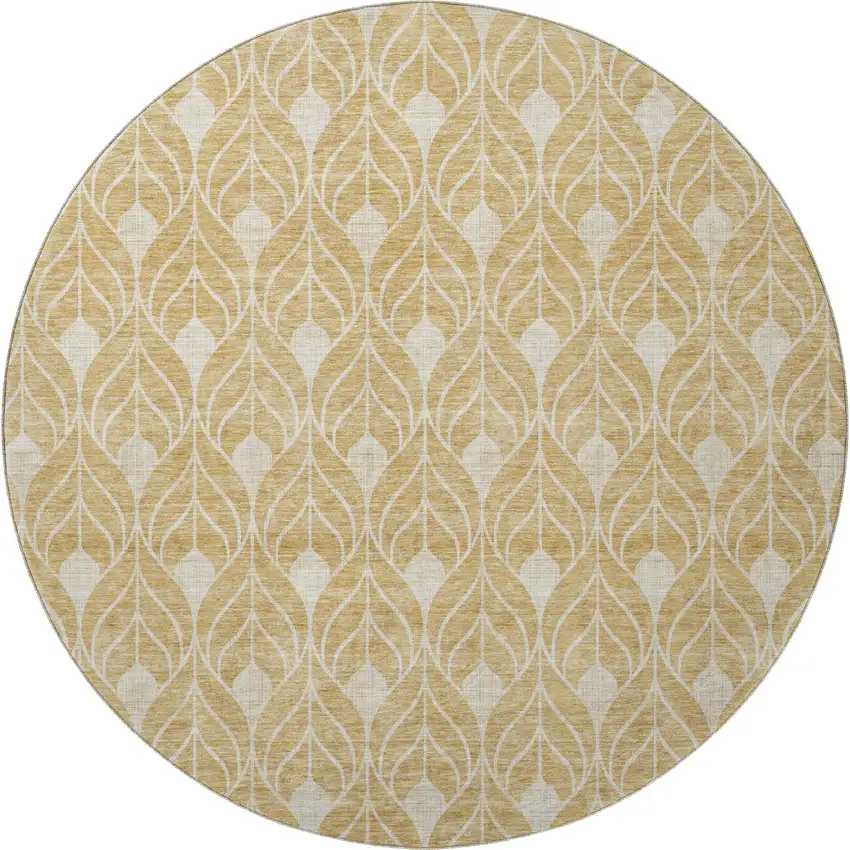 8' Gold And Beige Geometric Washable Round Rug With UV Protection Photo 3