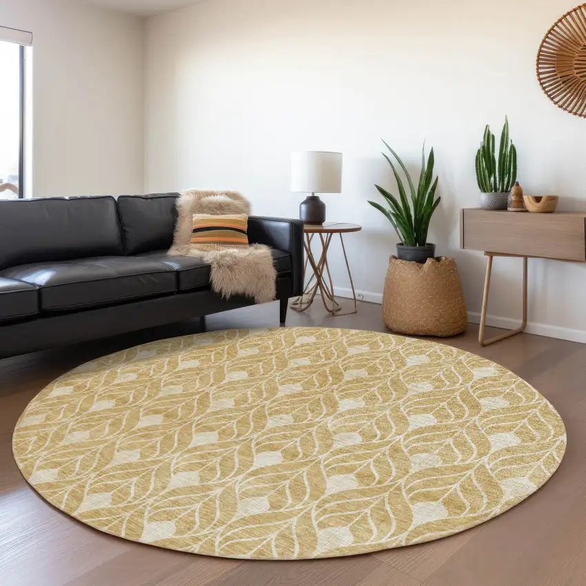 8' Gold And Beige Geometric Washable Round Rug With UV Protection Photo 4