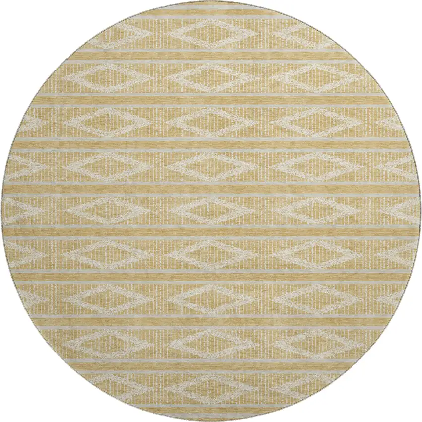 8' Gold And Beige Geometric Washable Round Rug With UV Protection Photo 1