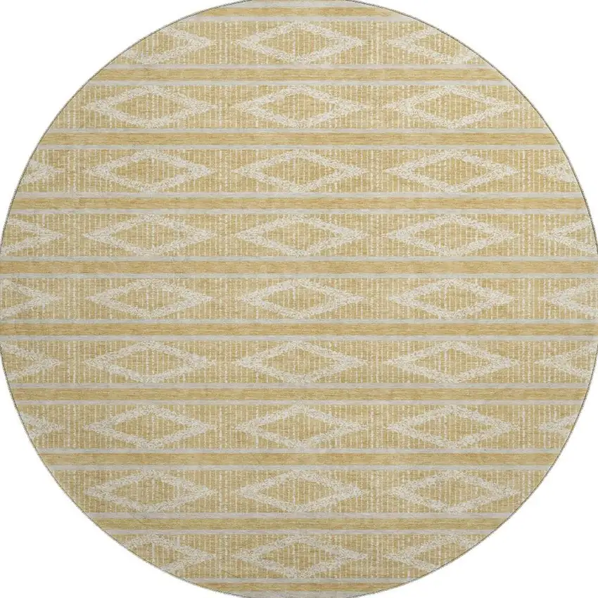 8' Gold And Beige Geometric Washable Round Rug With UV Protection Photo 3