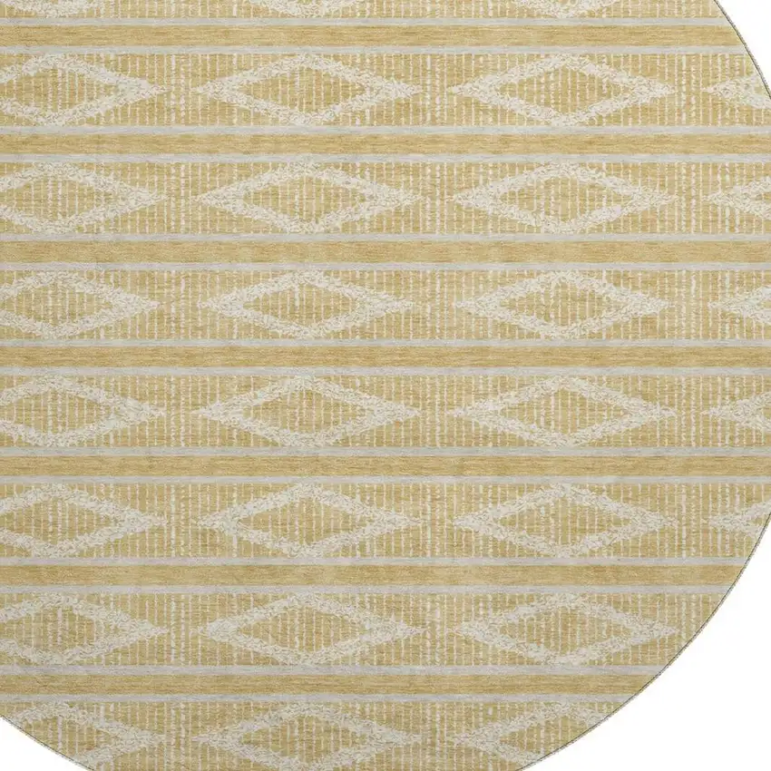 8' Gold And Beige Geometric Washable Round Rug With UV Protection Photo 2