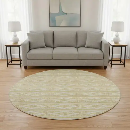 8' Gold And Beige Geometric Washable Round Rug With UV Protection Photo 2