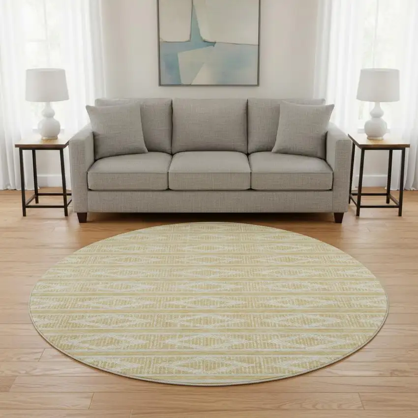 8' Gold And Beige Geometric Washable Round Rug With UV Protection Photo 2