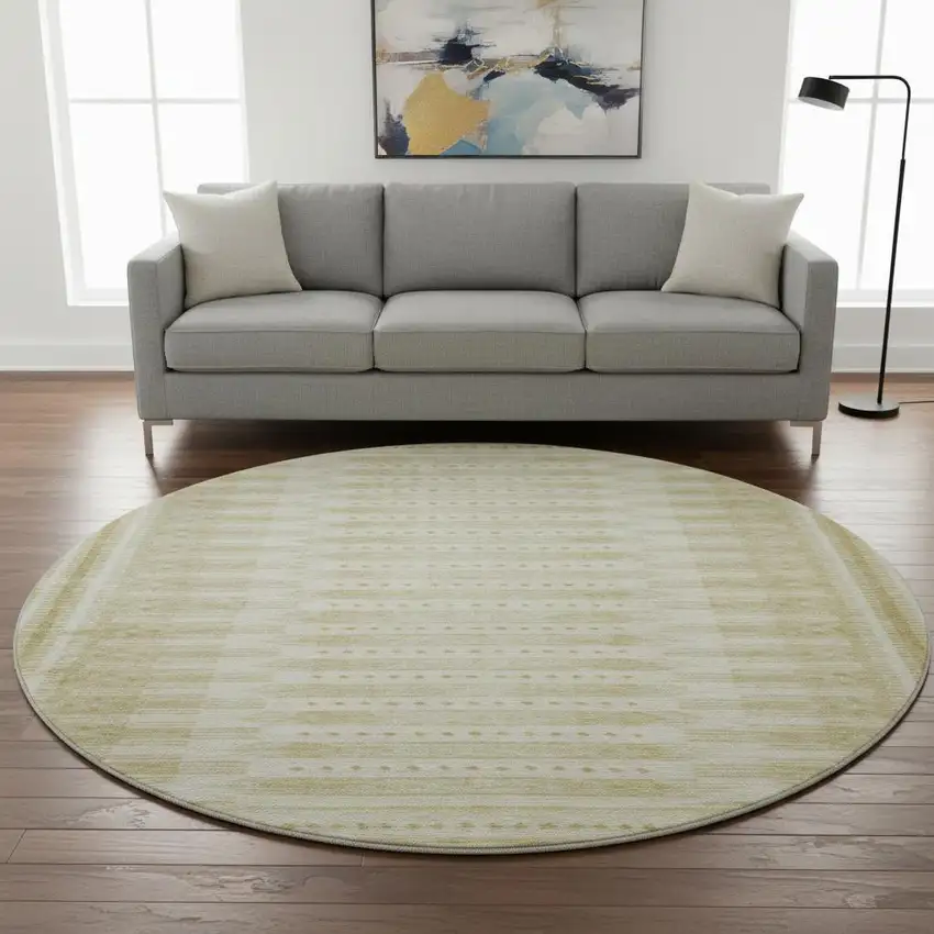 8' Gold And Beige Geometric Washable Round Rug With UV Protection Photo 2