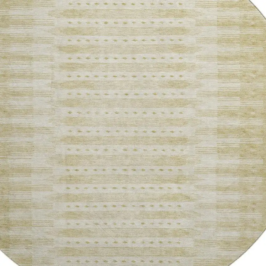 8' Gold And Beige Geometric Washable Round Rug With UV Protection Photo 3