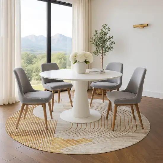 8' Gold And Beige Geometric Washable Round Rug With UV Protection Photo 5