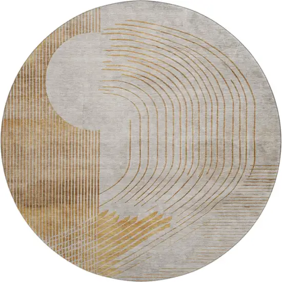 8' Gold And Beige Geometric Washable Round Rug With UV Protection Photo 1