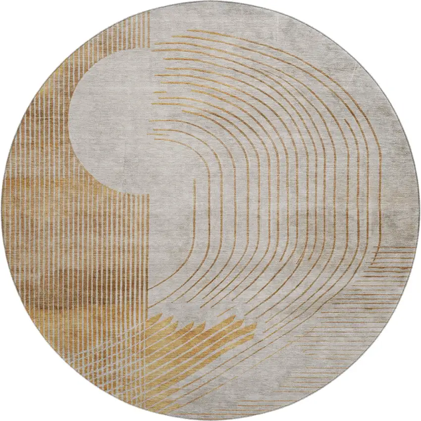 8' Gold And Beige Geometric Washable Round Rug With UV Protection Photo 1