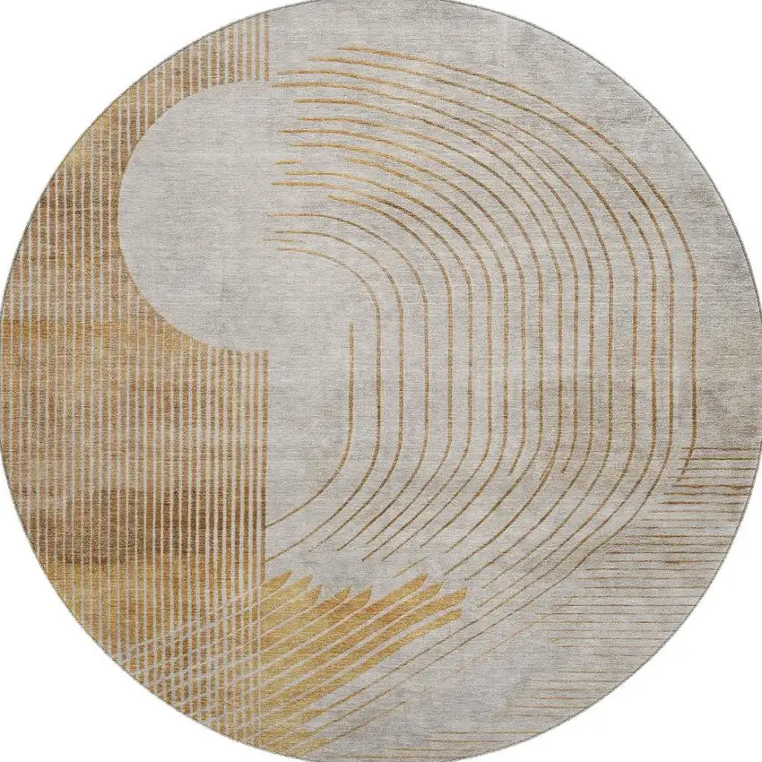 8' Gold And Beige Geometric Washable Round Rug With UV Protection Photo 4