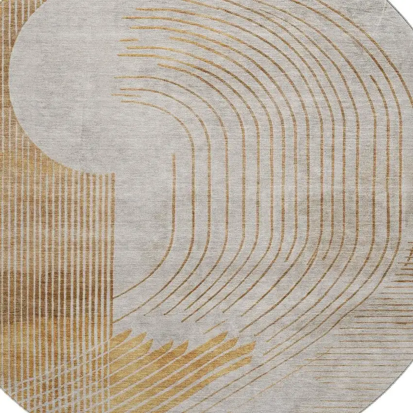 8' Gold And Beige Geometric Washable Round Rug With UV Protection Photo 3
