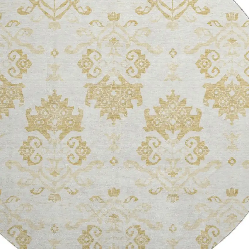 8' Gold And Beige Medallion Washable Round Rug With UV Protection Photo 3