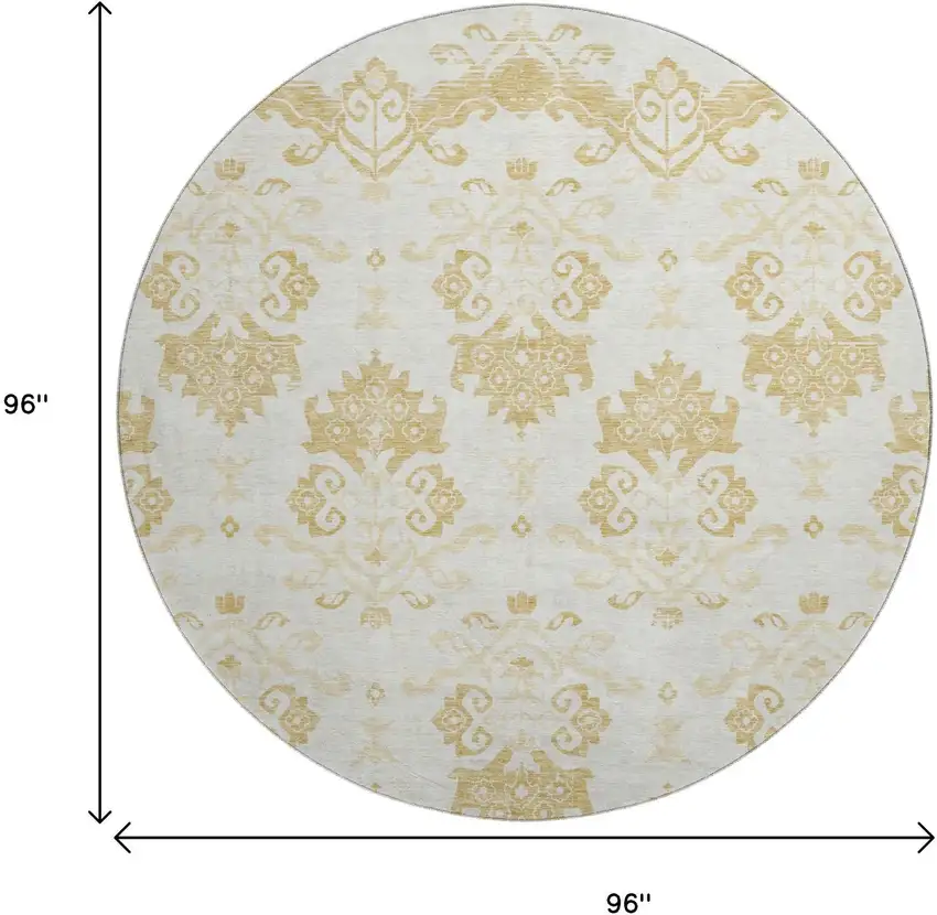 8' Gold And Beige Medallion Washable Round Rug With UV Protection Photo 3
