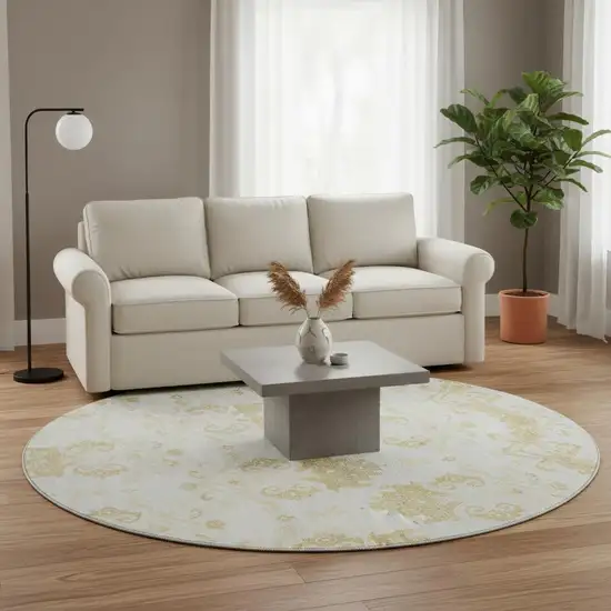 8' Gold And Beige Medallion Washable Round Rug With UV Protection Photo 2