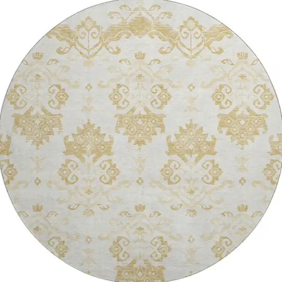 8' Gold And Beige Medallion Washable Round Rug With UV Protection Photo 4