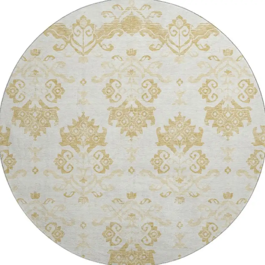 8' Gold And Beige Medallion Washable Round Rug With UV Protection Photo 4