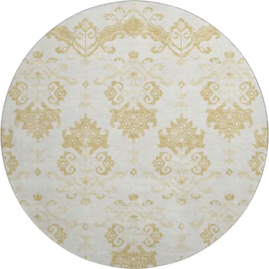 8' Gold And Beige Medallion Washable Round Rug With UV Protection Photo 1