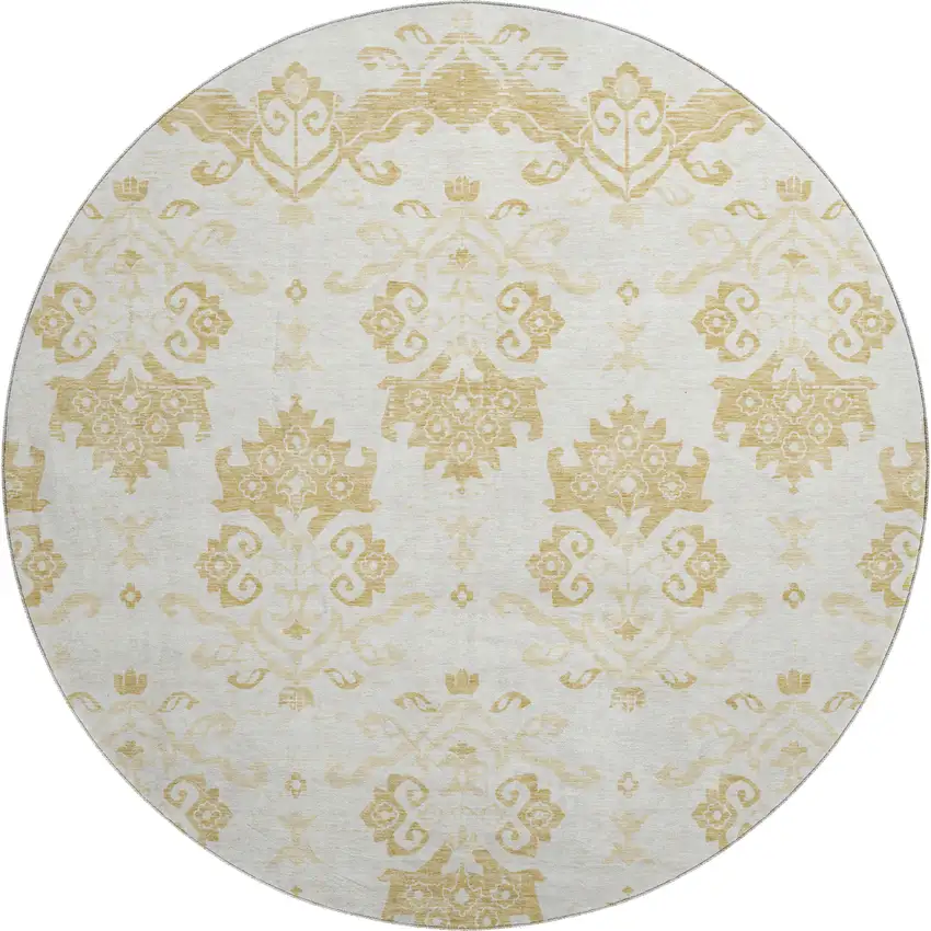 8' Gold And Beige Medallion Washable Round Rug With UV Protection Photo 1