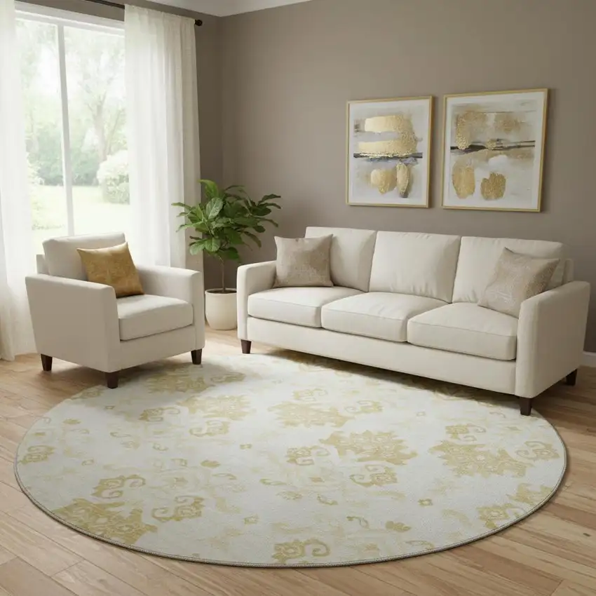 8' Gold And Beige Medallion Washable Round Rug With UV Protection Photo 1